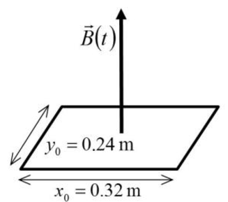 Espira rectangular horizontal de 0,32 m por 0,24 m atravesada por un campo B(t) vertical hacia arriba