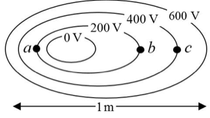 Equipotenciales de 0, 200, 400 y 600 V en forma de óvalos anidados, muy juntas en el lado izquierdo (punto a) y separadas en el lado derecho (puntos b y c)