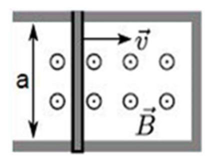 Espira rectangular: el lado móvil de longitud a se desplaza con velocidad v dentro del campo magnético B saliente del papel