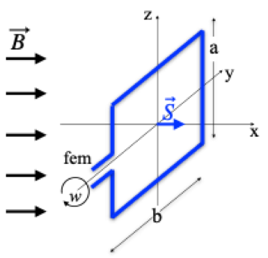 Espira rectangular de lados a y b que gira en torno al eje Y dentro de un campo B dirigido según el eje X; en t = 0 su vector superficie S es paralelo a B