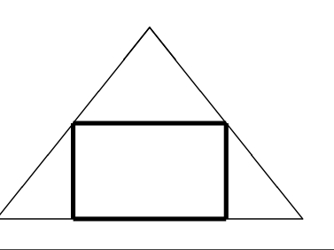 Triángulo isósceles de base 8 cm y altura 5 cm con un rectángulo inscrito, apoyado sobre la base y con los dos vértices superiores sobre los lados iguales