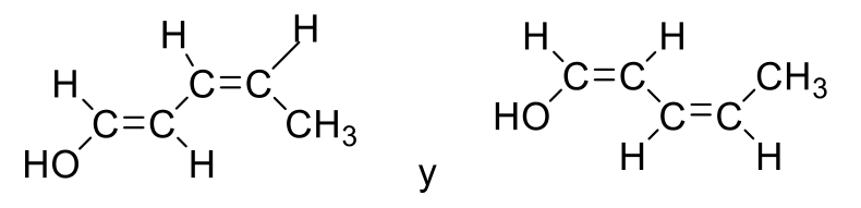 Par A: dos estructuras del penta-1,3-dien-1-ol que se diferencian en la disposición del OH en el doble enlace C1=C2