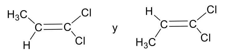 Par a: a la izquierda, C=C con H₃C arriba y H abajo en el primer carbono y Cl, Cl en el segundo; a la derecha, C=C con H arriba y H₃C abajo en el primer carbono y Cl, Cl en el segundo